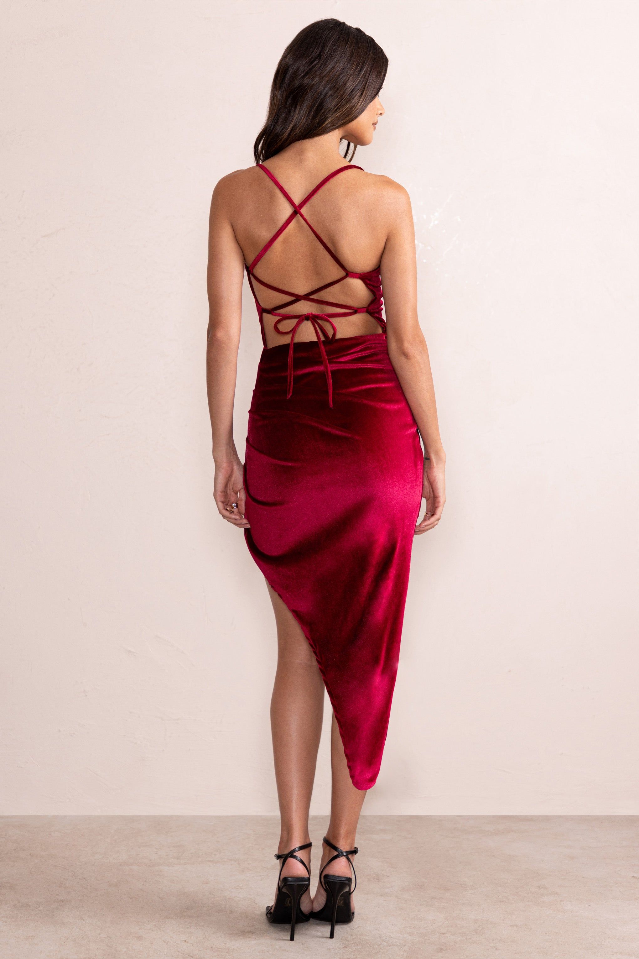 Risk It All | Berry Velvet Cami Cowl Neck Asymmetric Hem Midi Dress sold by Club L London product image thumbnail 2