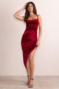Risk It All | Berry Velvet Cami Cowl Neck Asymmetric Hem Midi Dress sold by Club L London