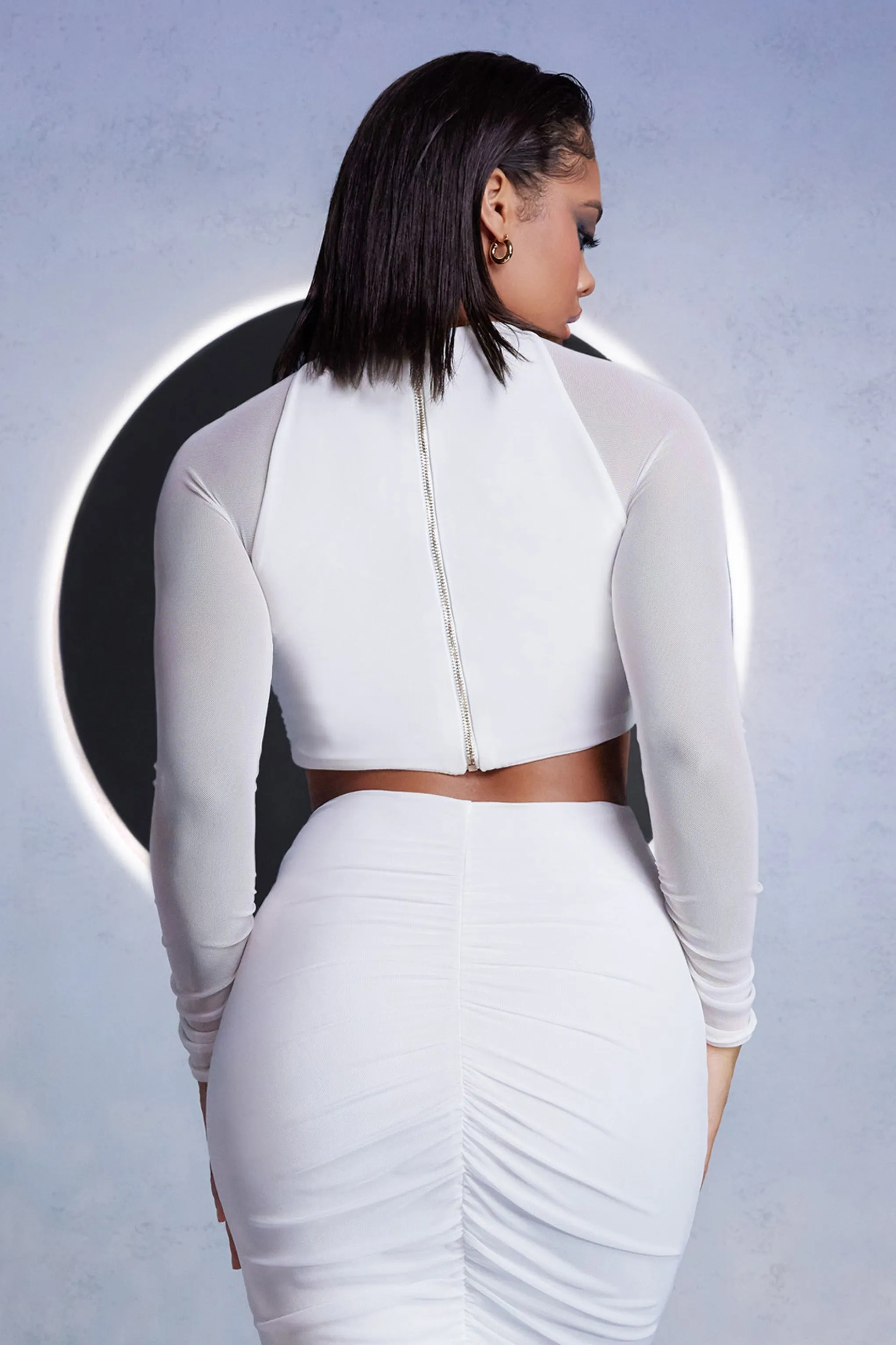 High Stakes | White Mesh High Neck Ruched Detail Crop Top With Long Sleeves sold by Club L London product image thumbnail 2
