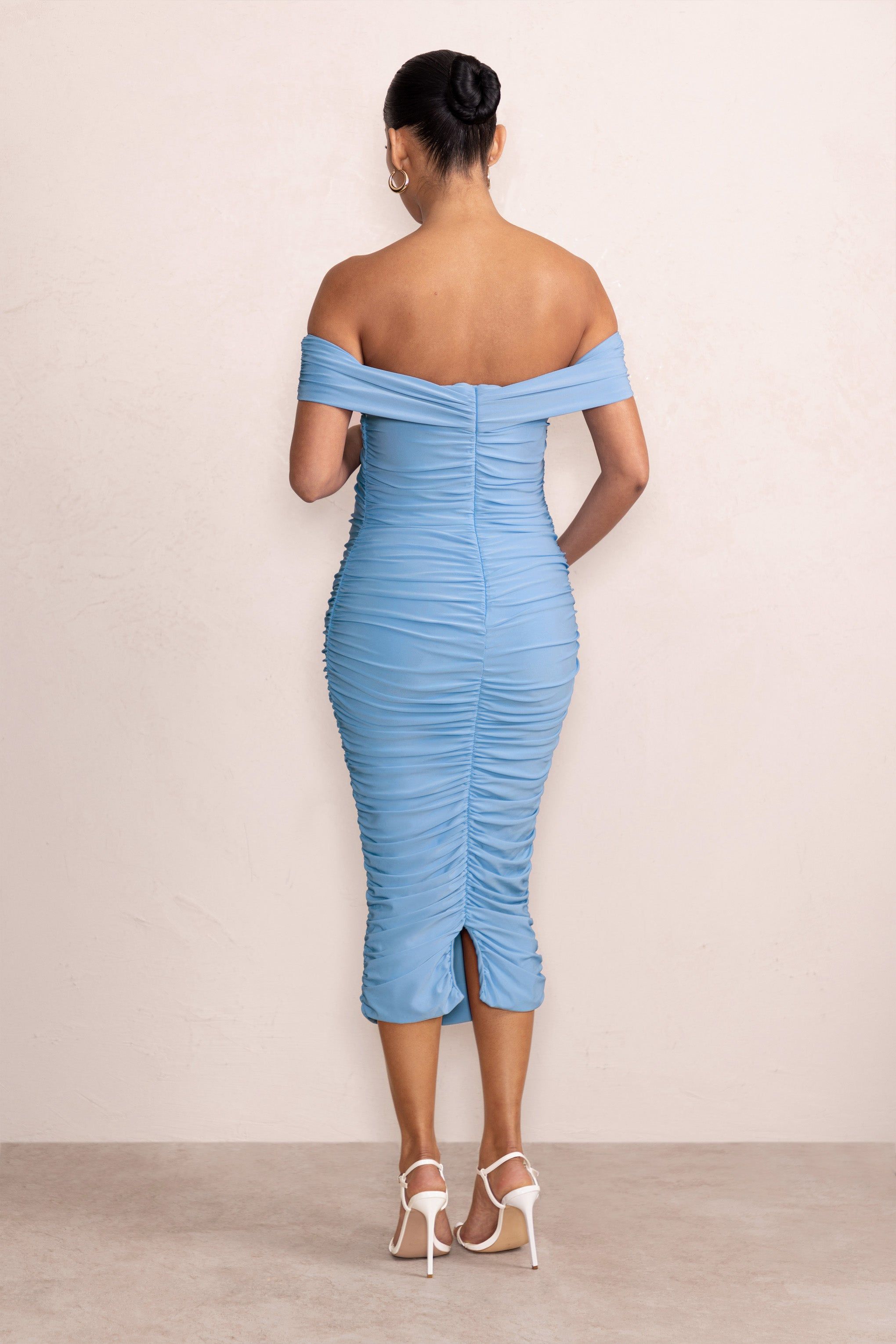Perfection | Powder Blue Maternity Bardot Knot Ruched Midi Dress sold by Club L London product image thumbnail 2