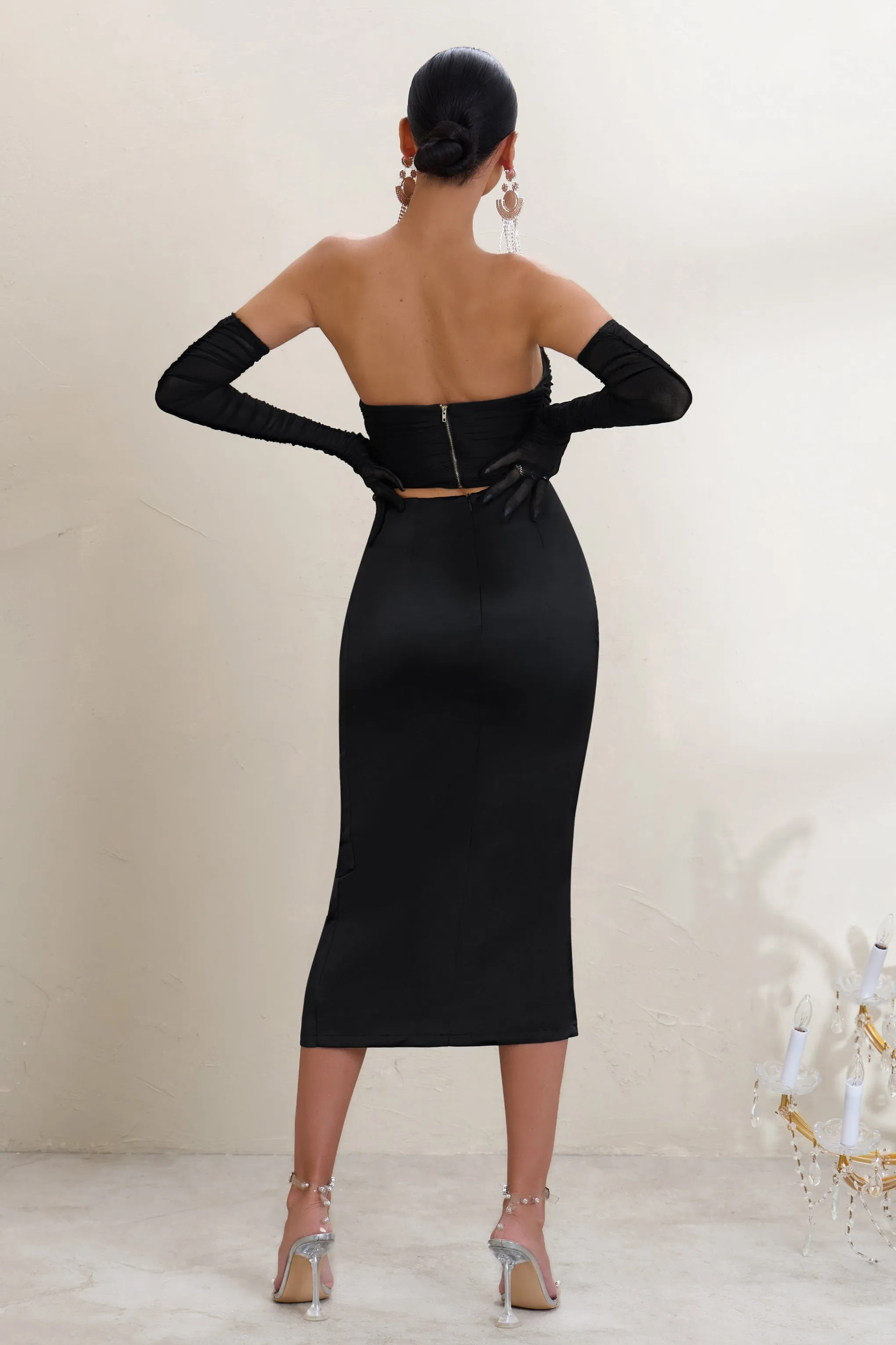 Freshen Up | Black High Waist Ruched Midi Skirt With Thigh Split sold by Club L London product image thumbnail 2