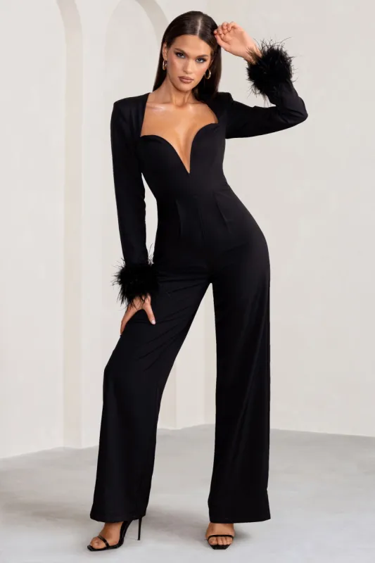 Portia | Black Sweetheart Plunge Wide Leg Jumpsuit with Feather Cuffs sold by Club L London