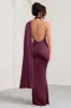 Mademoiselle | Burgundy Satin Asymmetric Scarf Neck Backless Maxi Dress sold by Club L London
