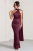 Mademoiselle | Burgundy Satin Asymmetric Scarf Neck Backless Maxi Dress sold by Club L London