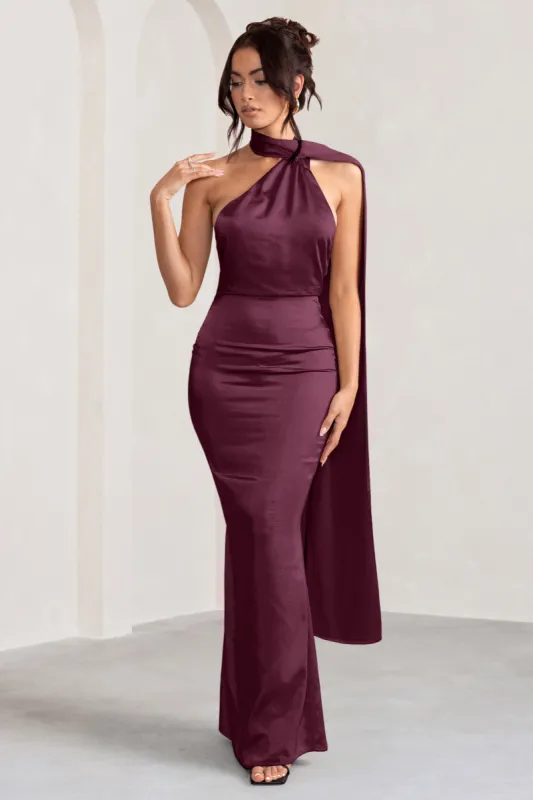 Mademoiselle | Burgundy Satin Asymmetric Scarf Neck Backless Maxi Dress sold by Club L London