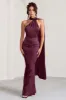 Mademoiselle | Burgundy Satin Asymmetric Scarf Neck Backless Maxi Dress sold by Club L London