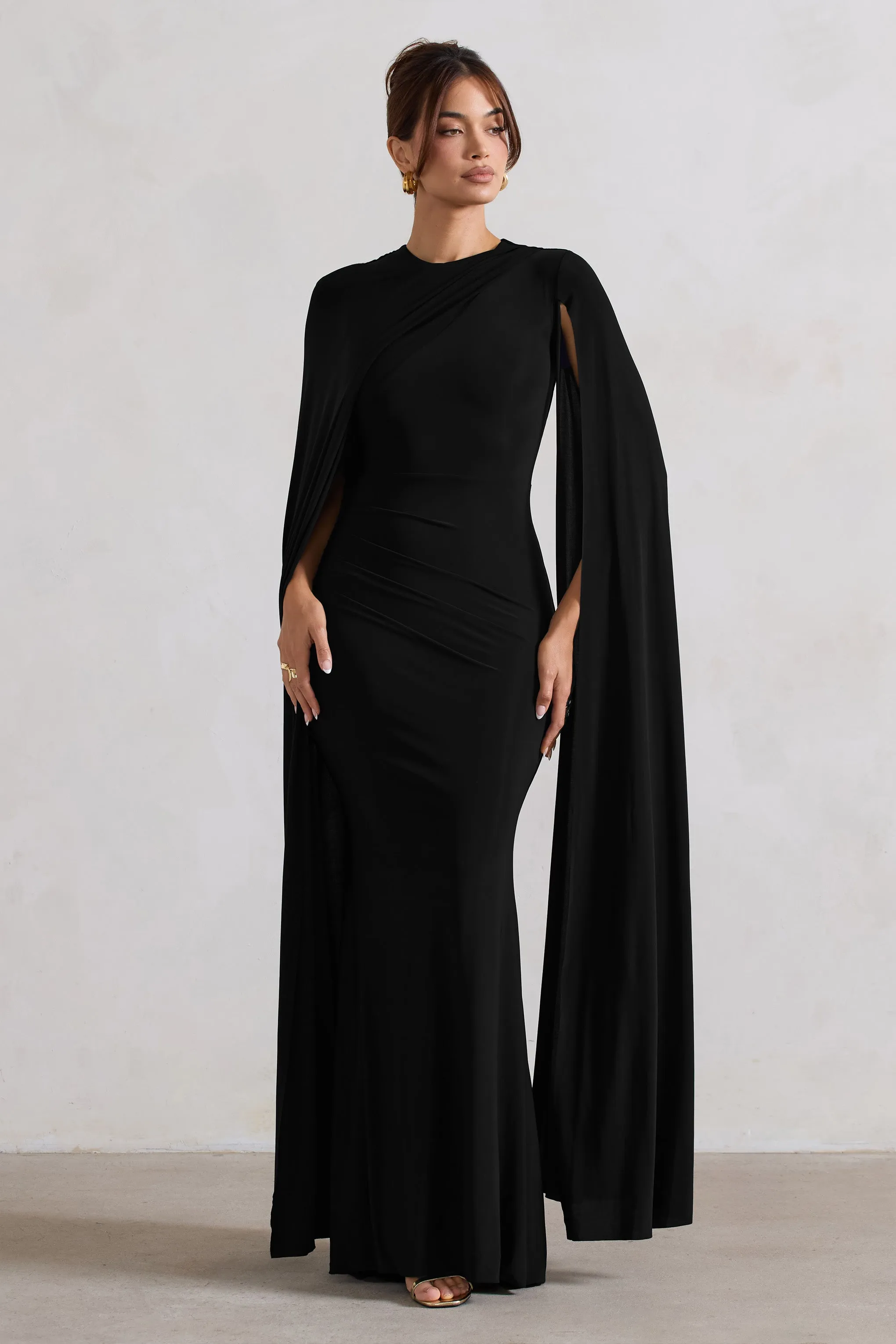 Magdelena | Black Asymmetric Cape Maxi Dress sold by Club L London product image thumbnail 4