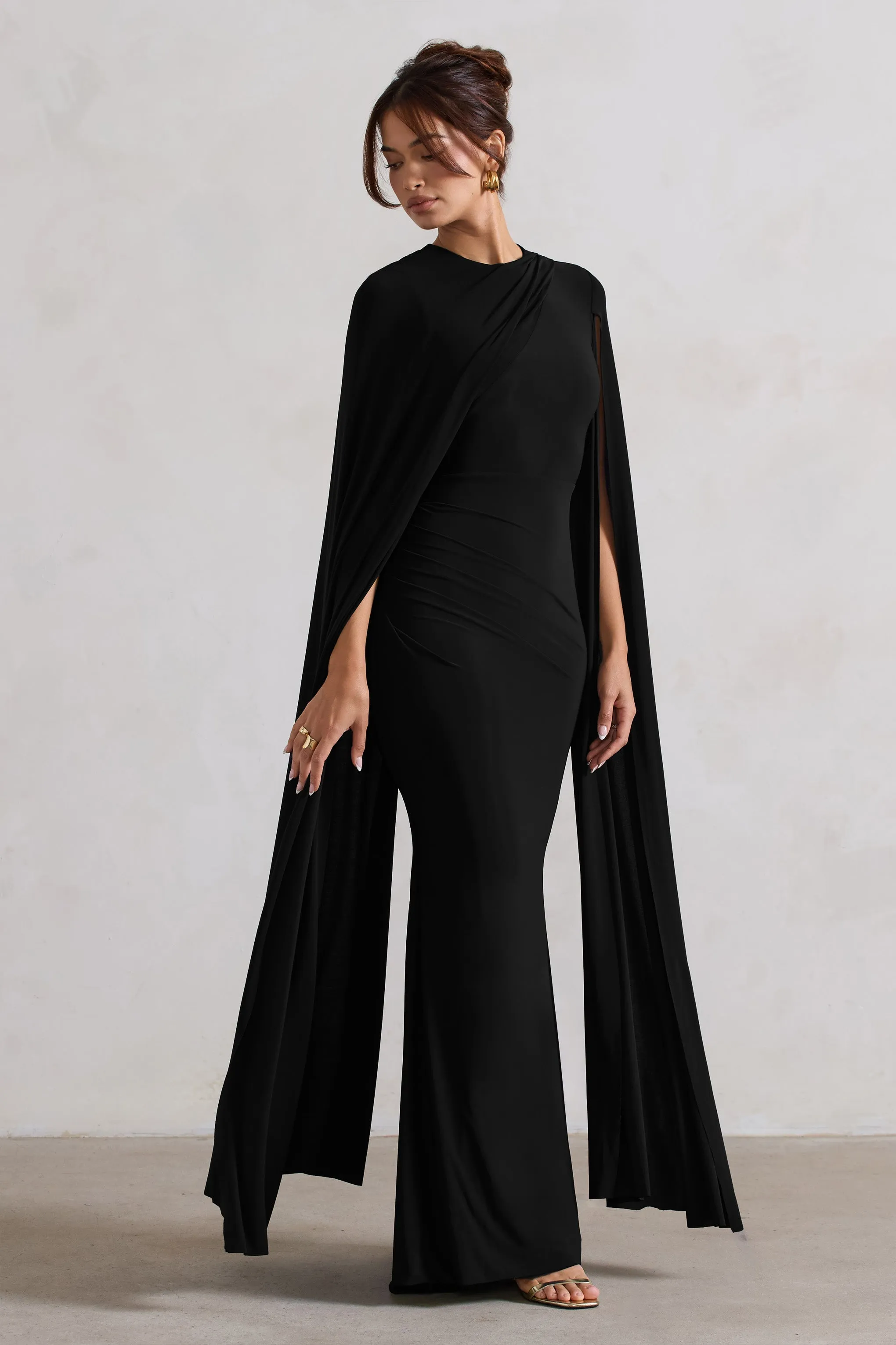 Magdelena | Black Asymmetric Cape Maxi Dress sold by Club L London product image thumbnail 5