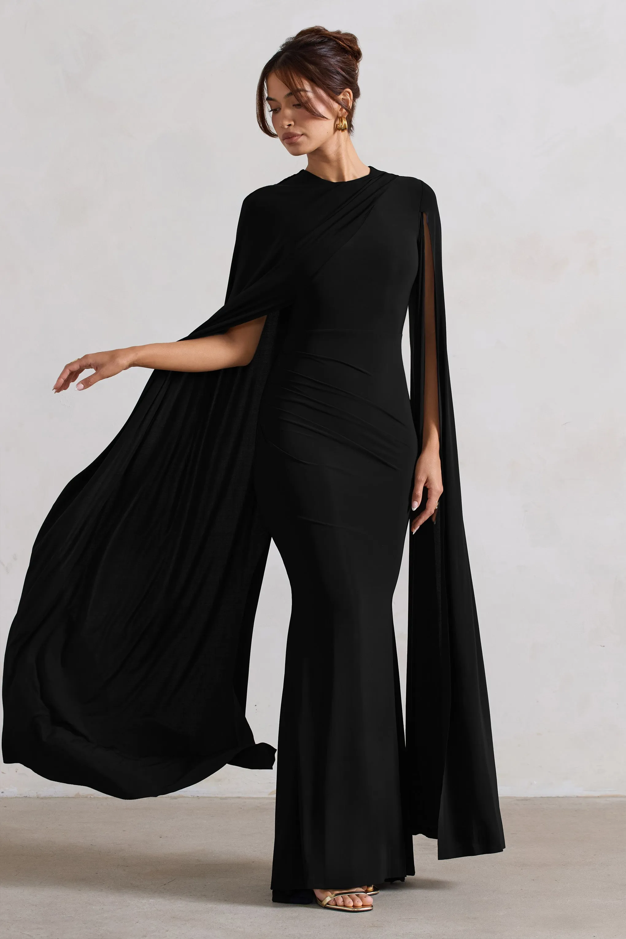 Magdelena | Black Asymmetric Cape Maxi Dress sold by Club L London