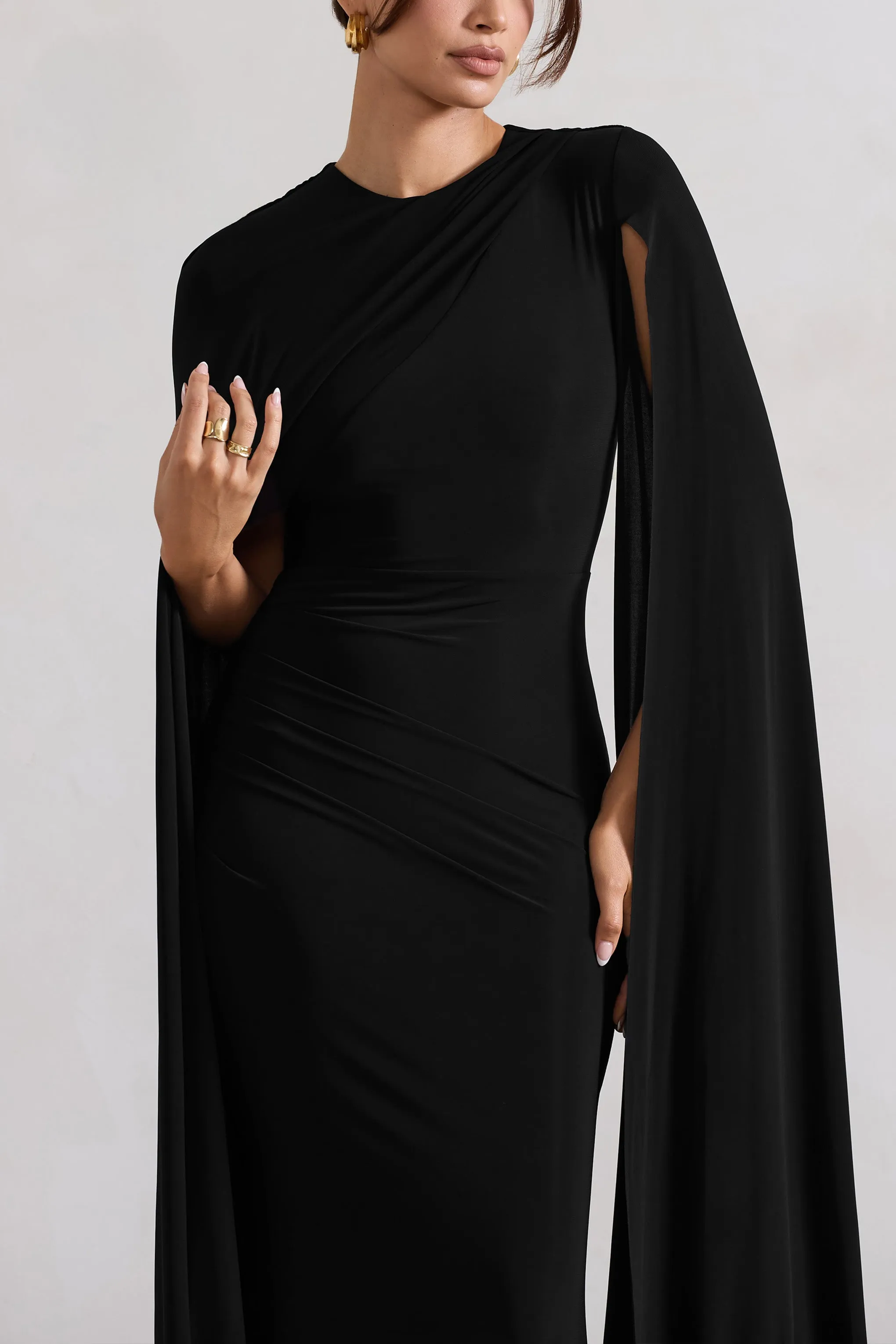 Magdelena | Black Asymmetric Cape Maxi Dress sold by Club L London product image thumbnail 3