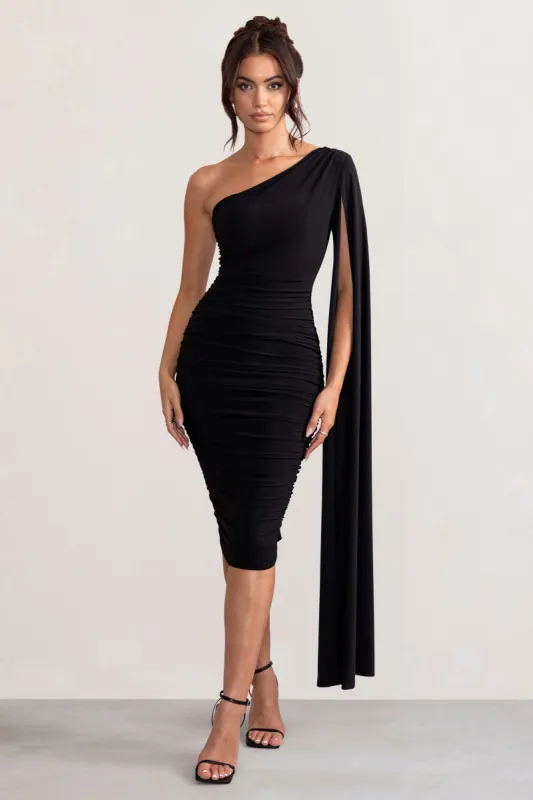 Yara | Black One Shoulder Cape Ruched Midi Dress sold by Club L London