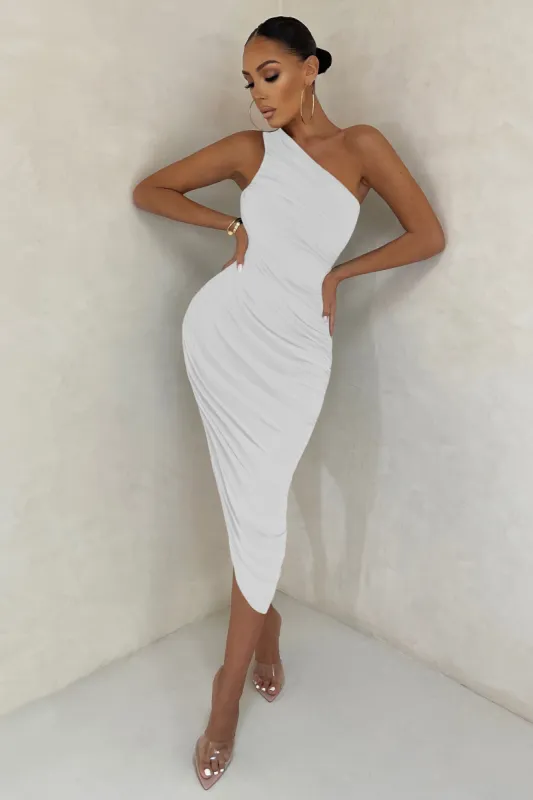 Late Night | Off White Asymmetrical One Shoulder Ruched Midi Dress sold by Club L London