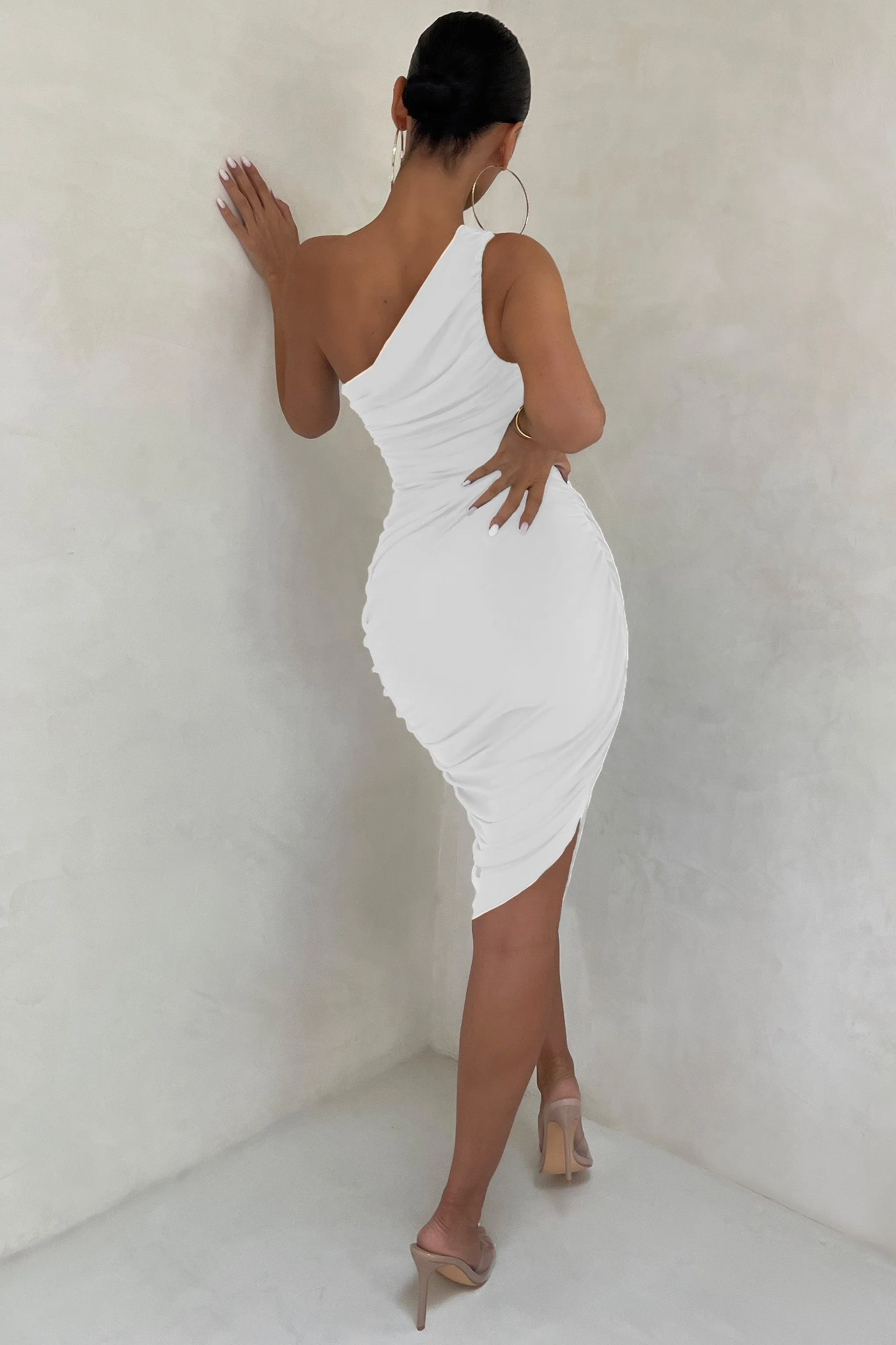 Late Night | Off White Asymmetrical One Shoulder Ruched Midi Dress sold by Club L London product image thumbnail 2