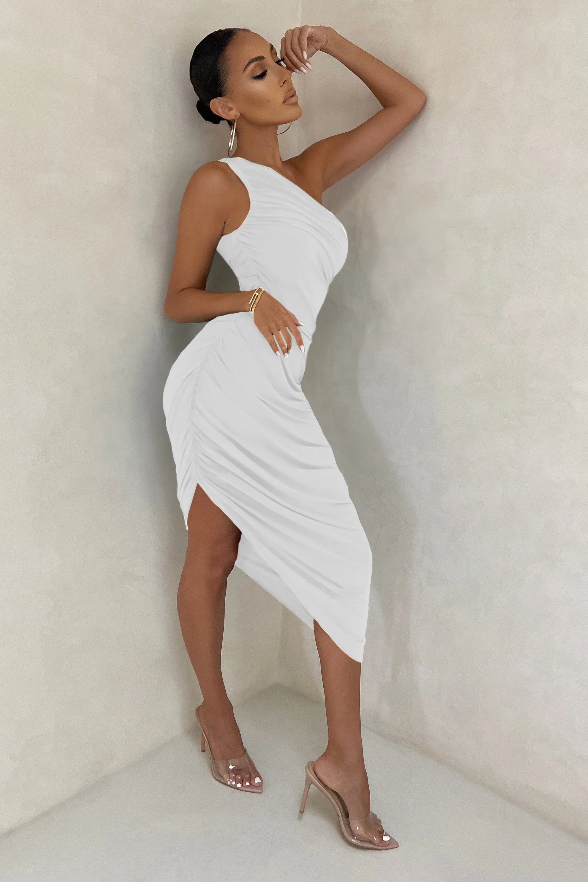 Late Night | Off White Asymmetrical One Shoulder Ruched Midi Dress sold by Club L London product image thumbnail 3