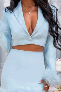 Tempting | Powder Blue Cropped Blazer With Feather Trim On Sleeve Cuff sold by Club L London