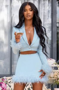 Tempting | Powder Blue Cropped Blazer With Feather Trim On Sleeve Cuff sold by Club L London