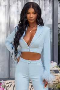 Tempting | Powder Blue Cropped Blazer With Feather Trim On Sleeve Cuff sold by Club L London