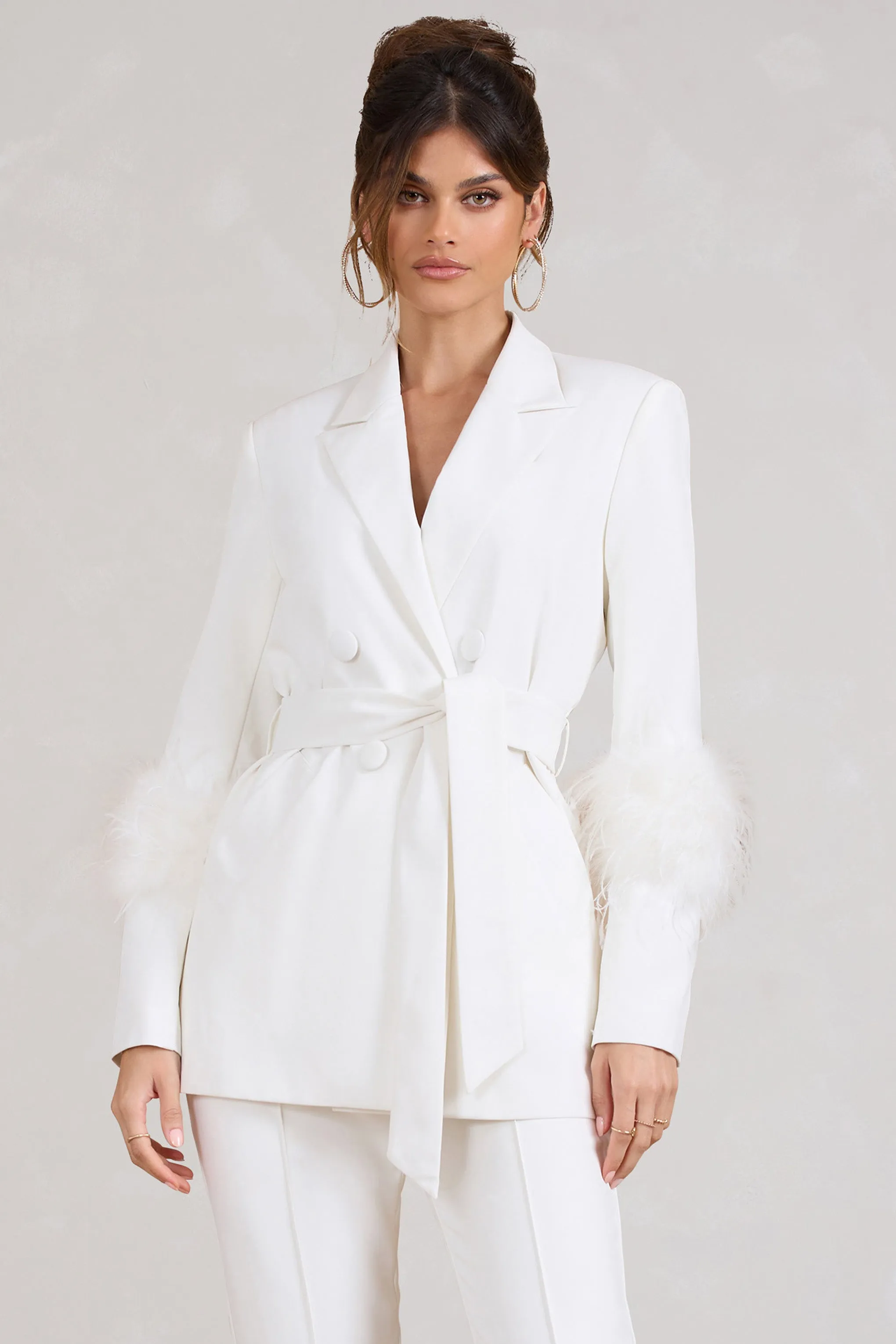 Just Like That | White Belted Blazer With Feather Detail sold by Club L London product image thumbnail 5