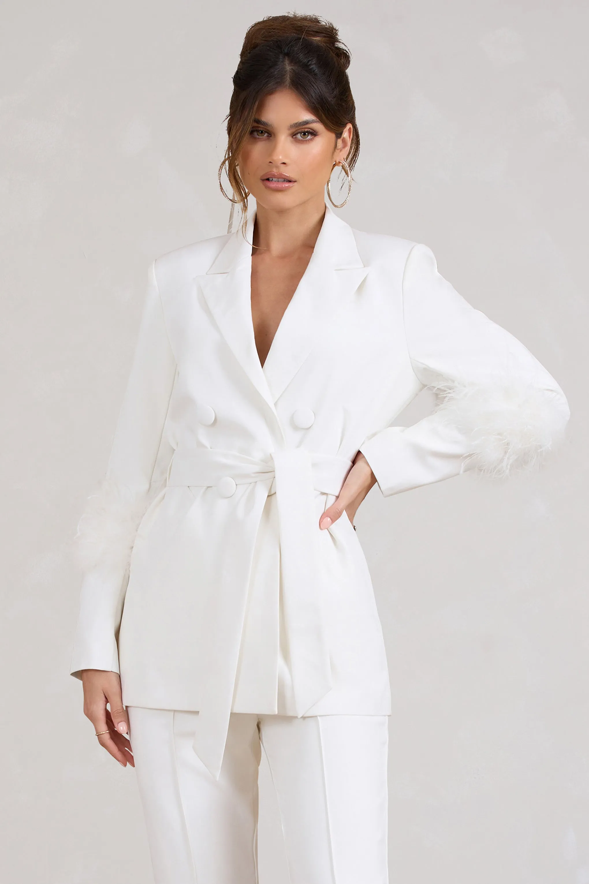 Just Like That | White Belted Blazer With Feather Detail sold by Club L London product image thumbnail 4