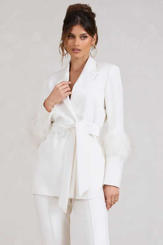 Just Like That | White Belted Blazer With Feather Detail sold by Club L London