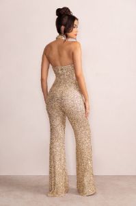Josie | Champagne Sequin Halter Neck Flare Jumpsuit sold by Club L London