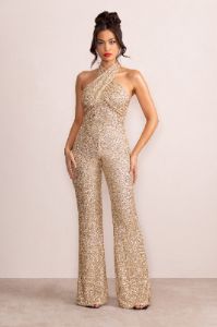 Josie | Champagne Sequin Halter Neck Flare Jumpsuit sold by Club L London