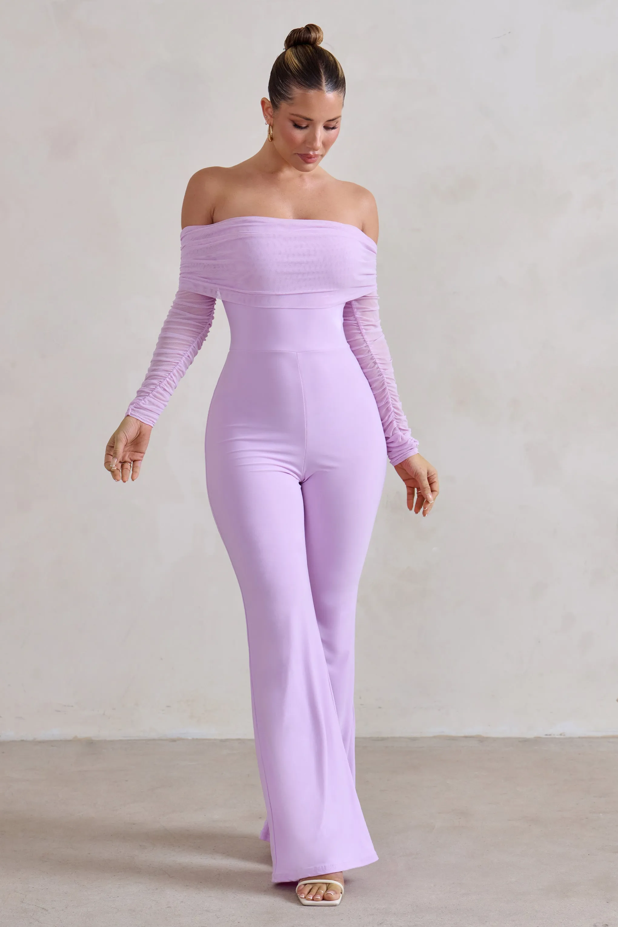 Whisper | Lilac Ruched Mesh Bardot Jumpsuit sold by Club L London
