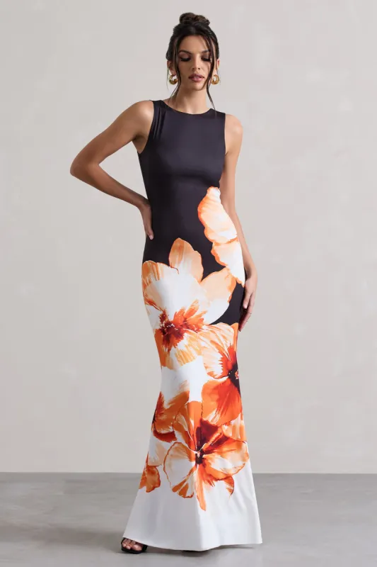 Micah | Black & Orange Floral Print Racer-Neck Maxi Dress made by Club L London