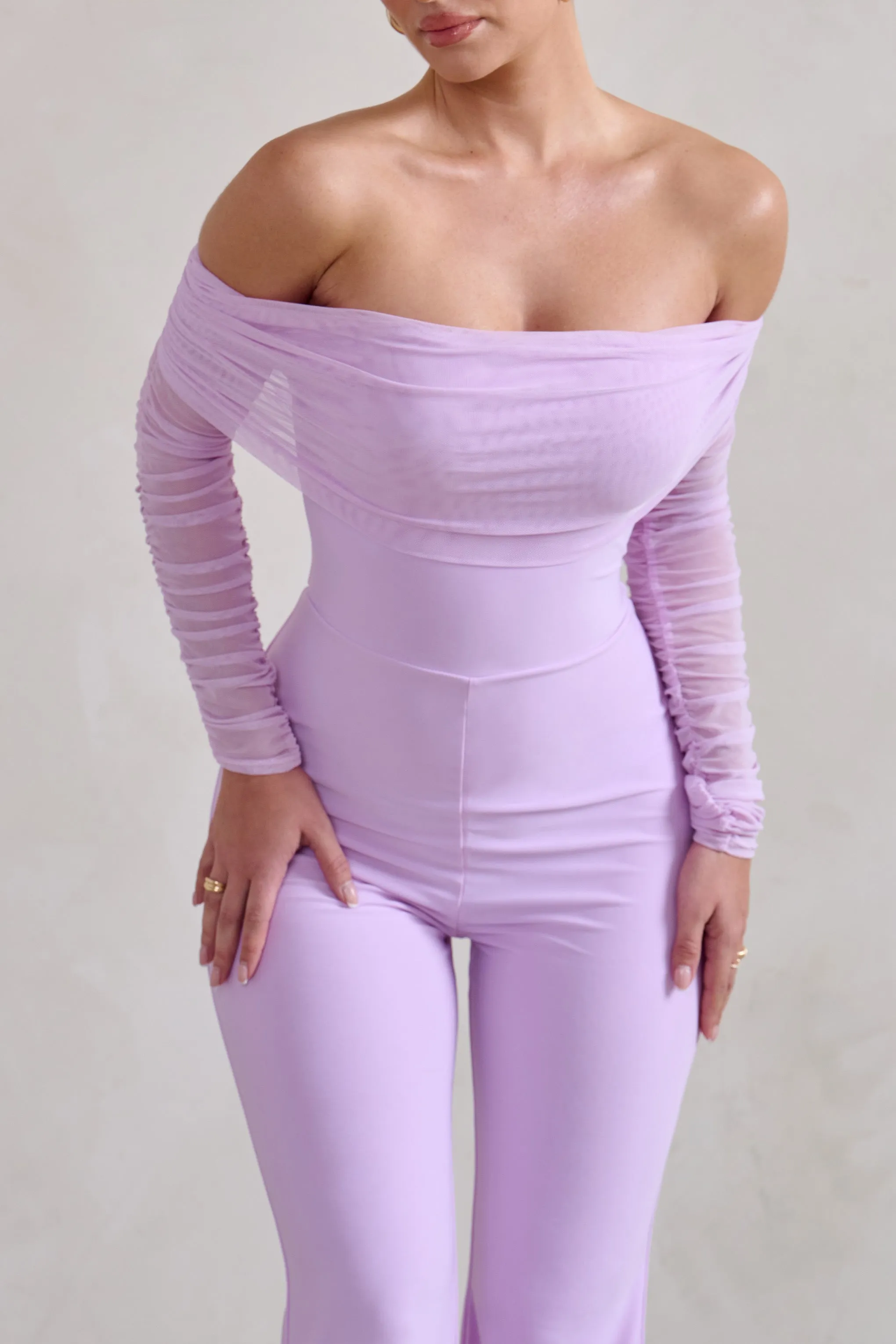 Whisper | Lilac Ruched Mesh Bardot Jumpsuit sold by Club L London product image thumbnail 3