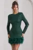 Claudia | Bottle Green Sequin High Neck Feather Hem Mini Dress With Long Sleeves sold by Club L London