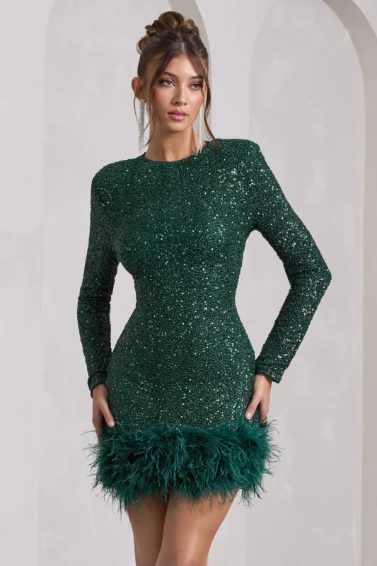 Claudia | Bottle Green Sequin High Neck Feather Hem Mini Dress With Long Sleeves sold by Club L London