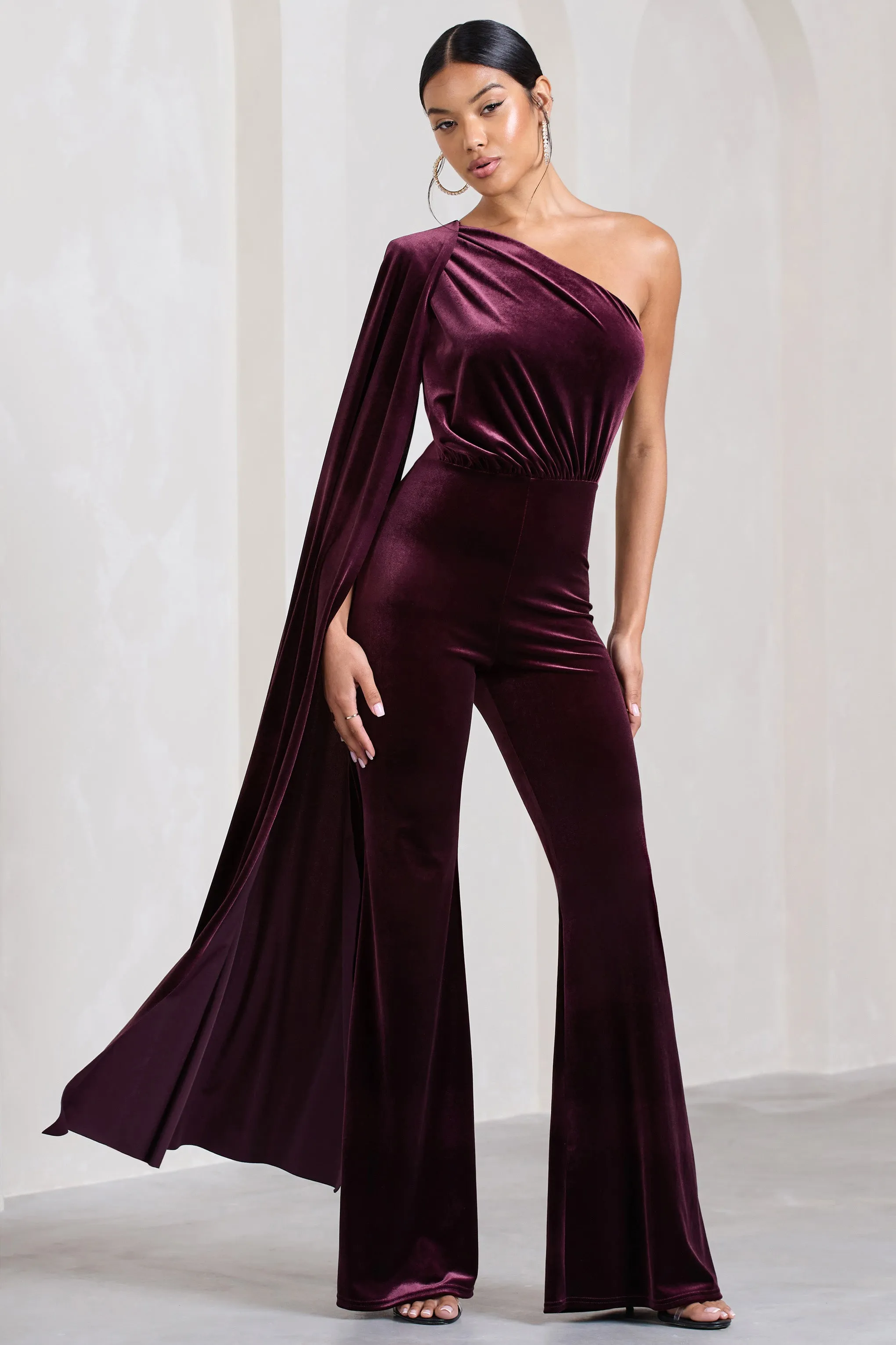 Aurora | Port Velvet One Shoulder Cape Sleeve Jumpsuit sold by Club L London product image thumbnail 5