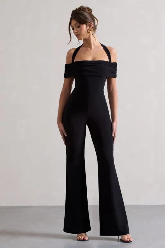 Mara | Black Bardot Halter-Neck Flared-Leg Jumpsuit sold by Club L London
