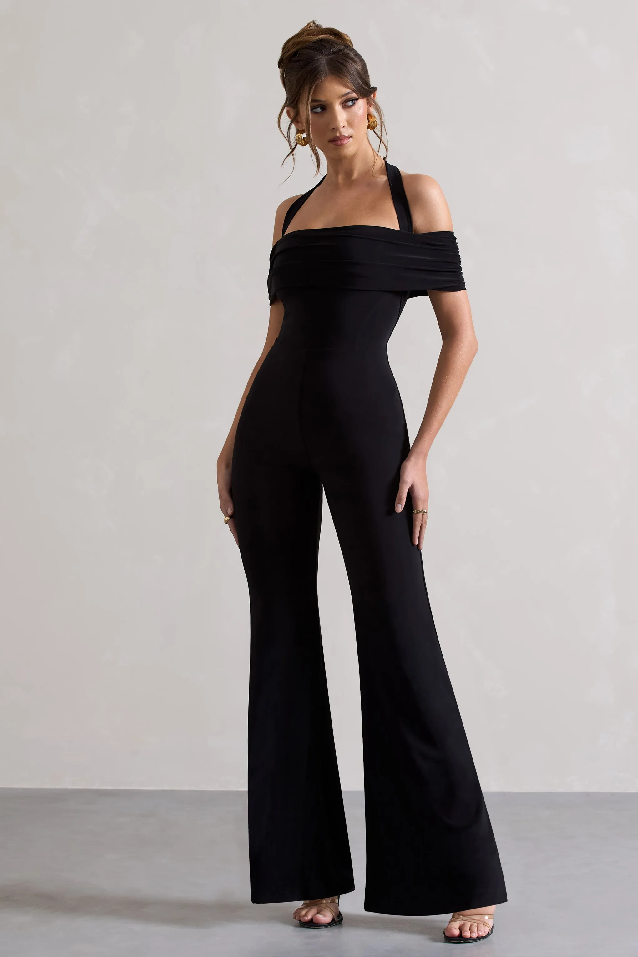 Mara | Black Bardot Halter-Neck Flared-Leg Jumpsuit sold by Club L London product image thumbnail 4