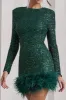 Claudia | Bottle Green Sequin High Neck Feather Hem Mini Dress With Long Sleeves sold by Club L London