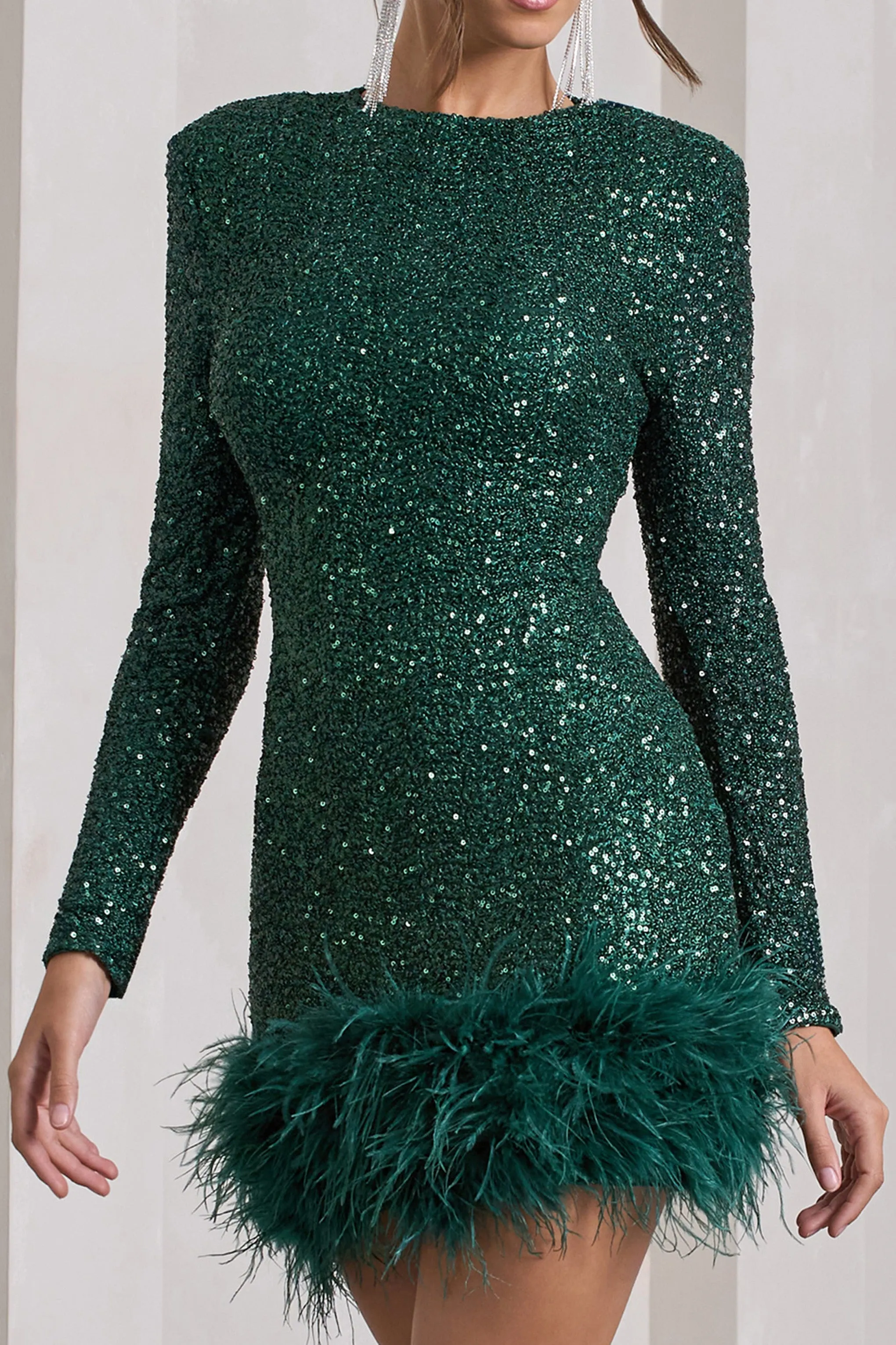 Claudia | Bottle Green Sequin High Neck Feather Hem Mini Dress With Long Sleeves sold by Club L London product image thumbnail 5