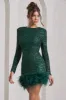 Claudia | Bottle Green Sequin High Neck Feather Hem Mini Dress With Long Sleeves sold by Club L London