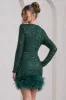 Claudia | Bottle Green Sequin High Neck Feather Hem Mini Dress With Long Sleeves sold by Club L London