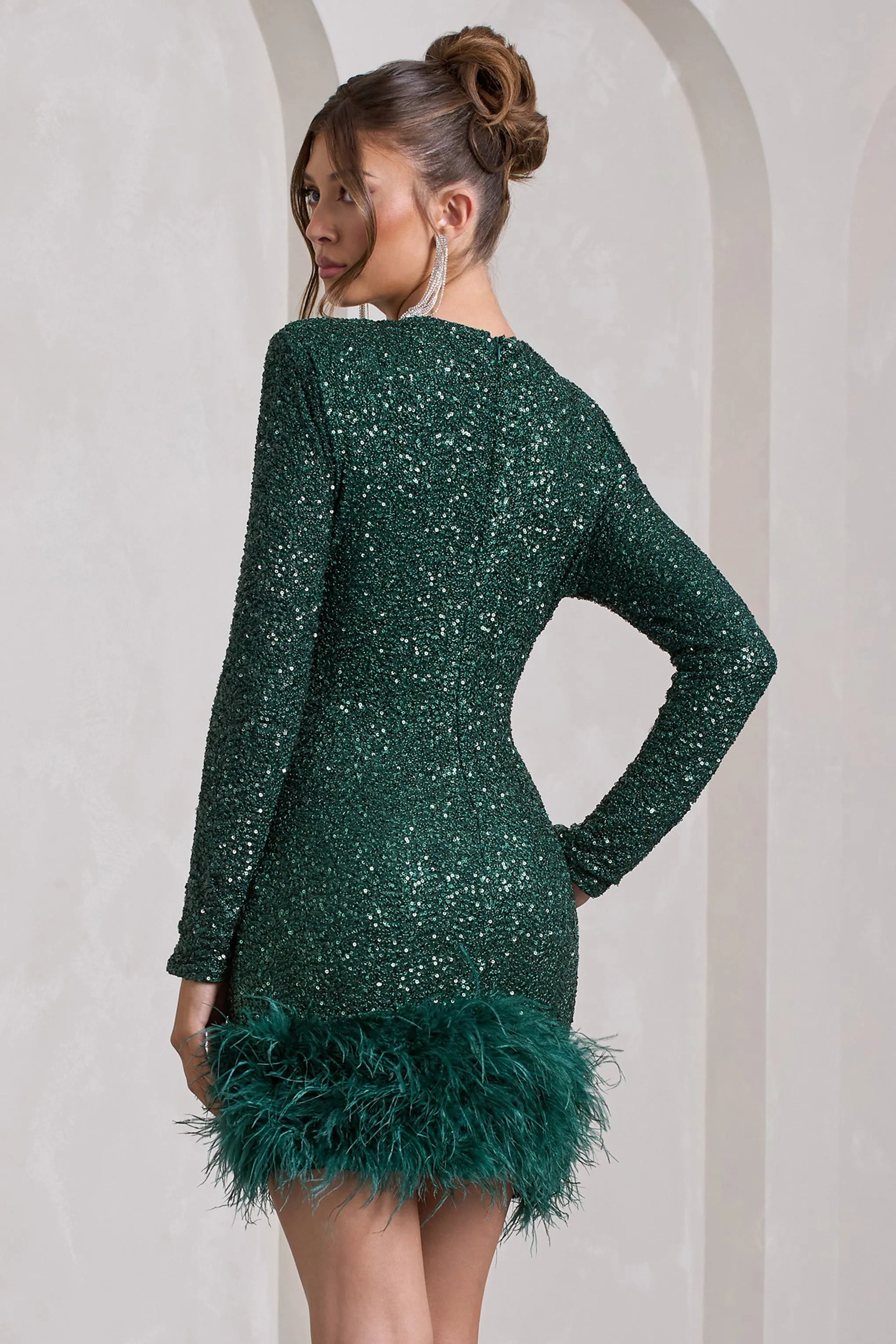Claudia | Bottle Green Sequin High Neck Feather Hem Mini Dress With Long Sleeves sold by Club L London product image thumbnail 2