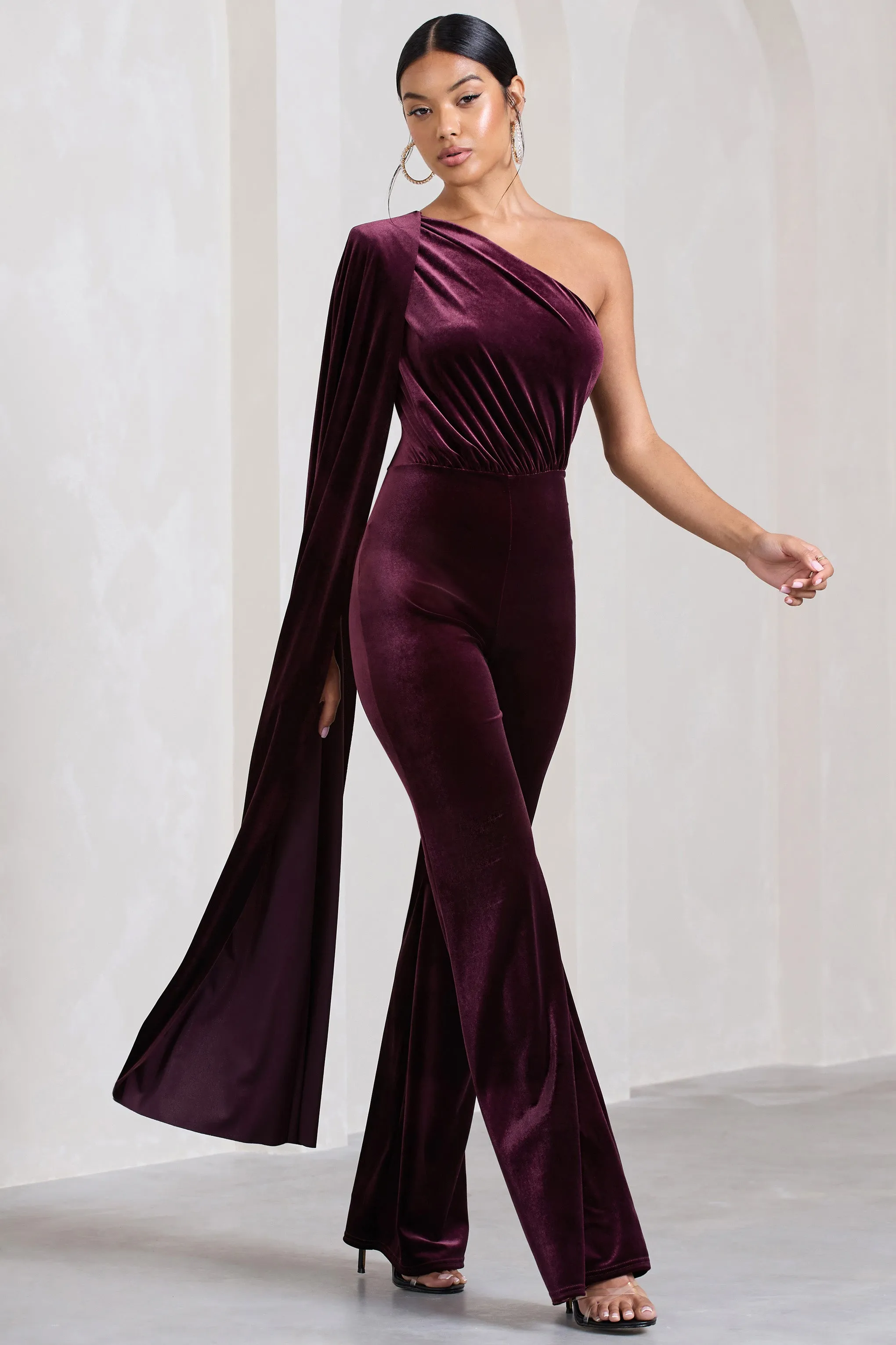 Aurora | Port Velvet One Shoulder Cape Sleeve Jumpsuit sold by Club L London product image thumbnail 3
