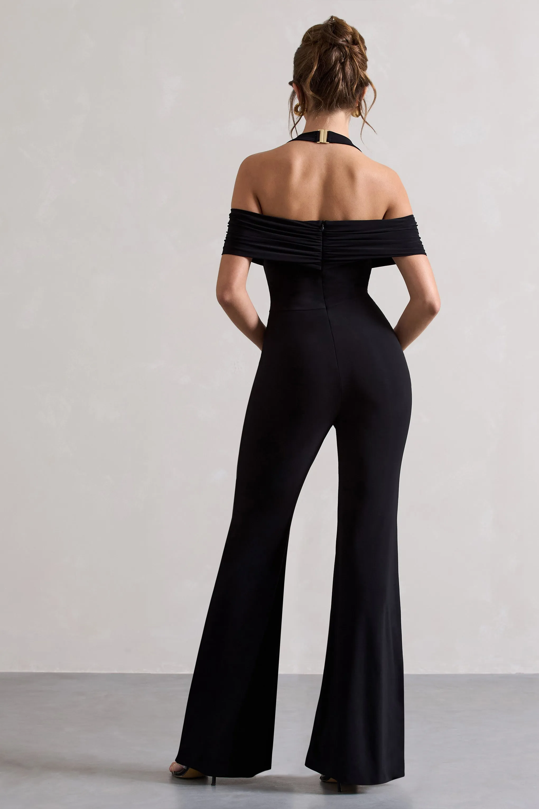 Mara | Black Bardot Halter-Neck Flared-Leg Jumpsuit sold by Club L London product image thumbnail 2