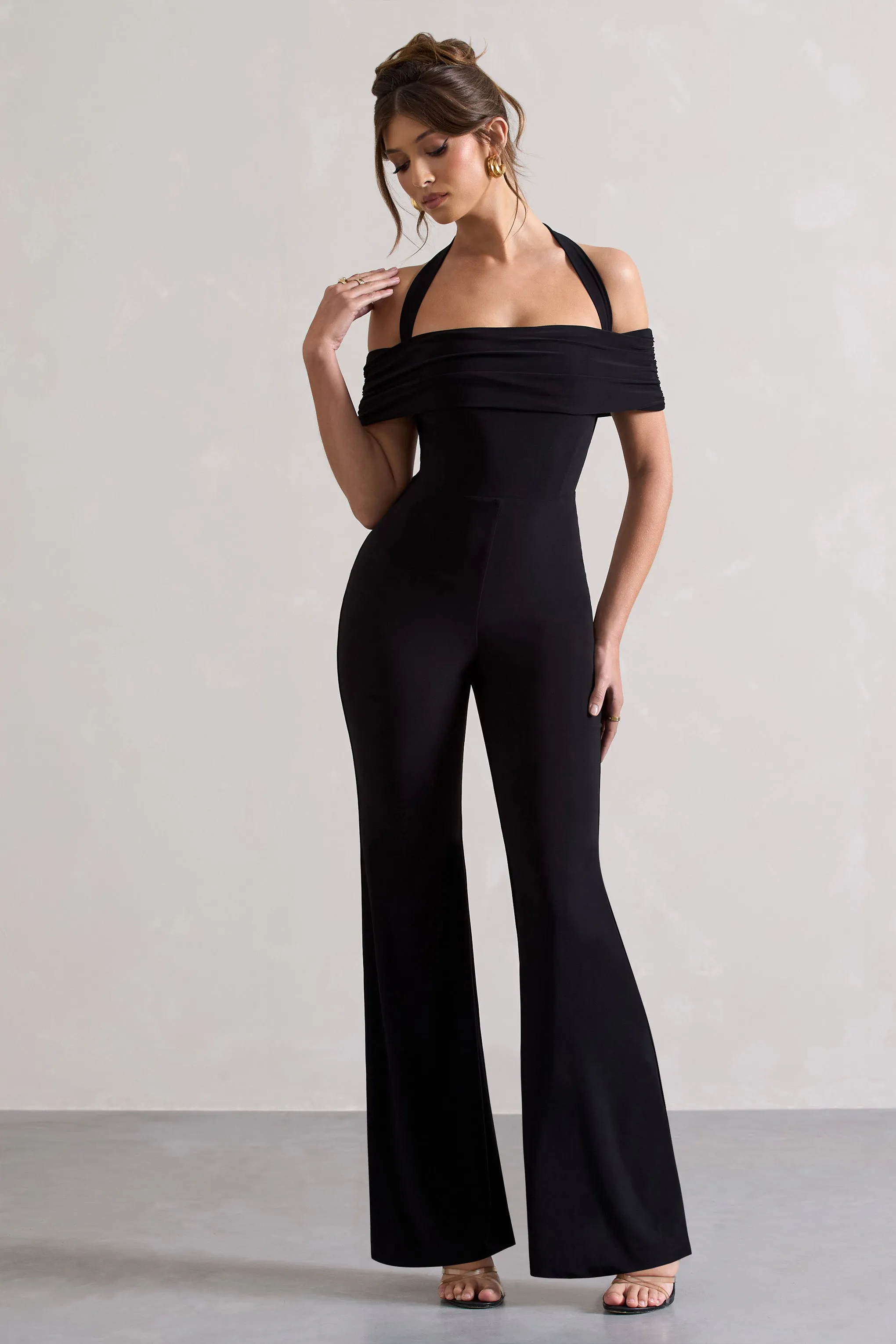 Mara | Black Bardot Halter-Neck Flared-Leg Jumpsuit sold by Club L London product image thumbnail 5