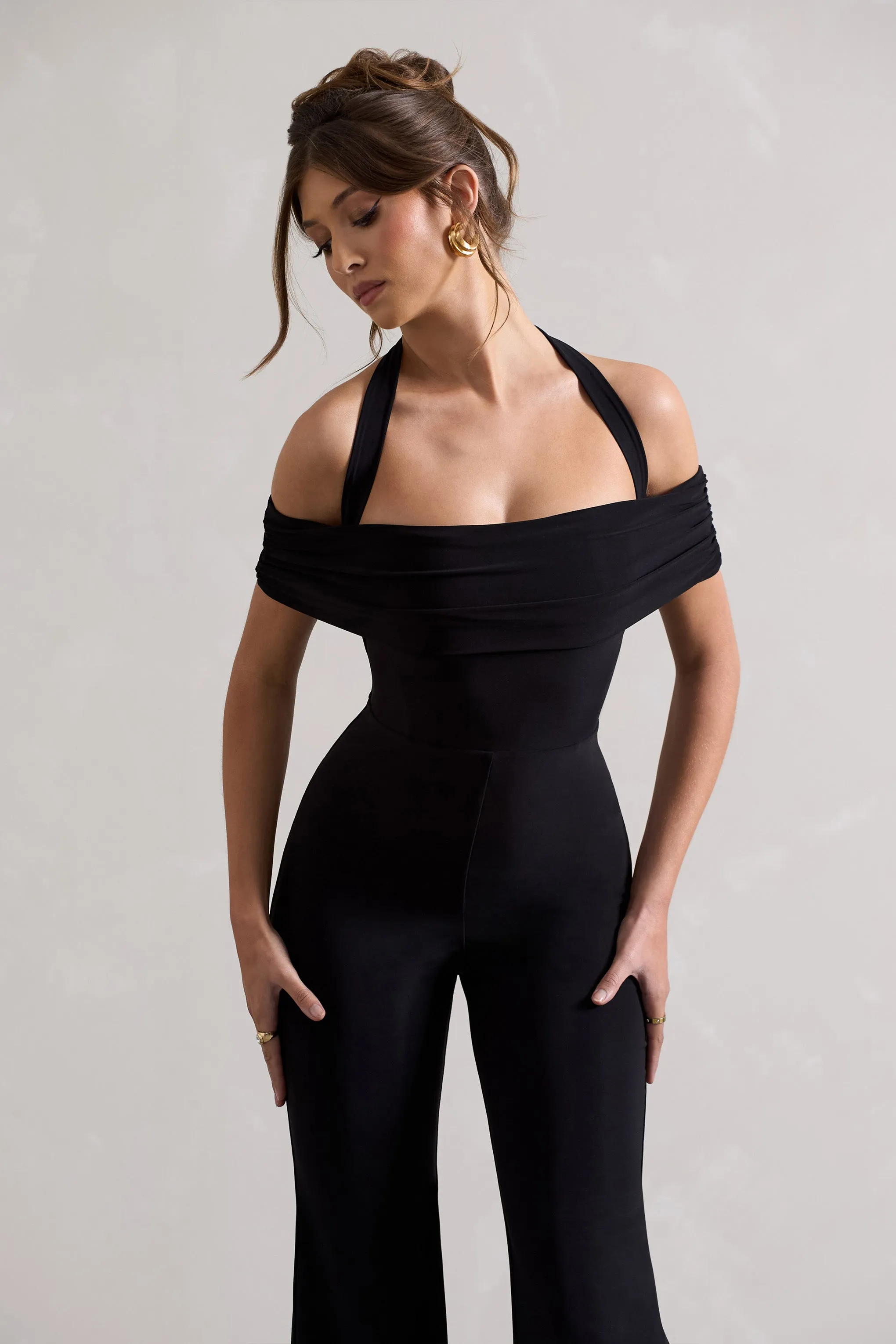 Mara | Black Bardot Halter-Neck Flared-Leg Jumpsuit sold by Club L London product image thumbnail 3