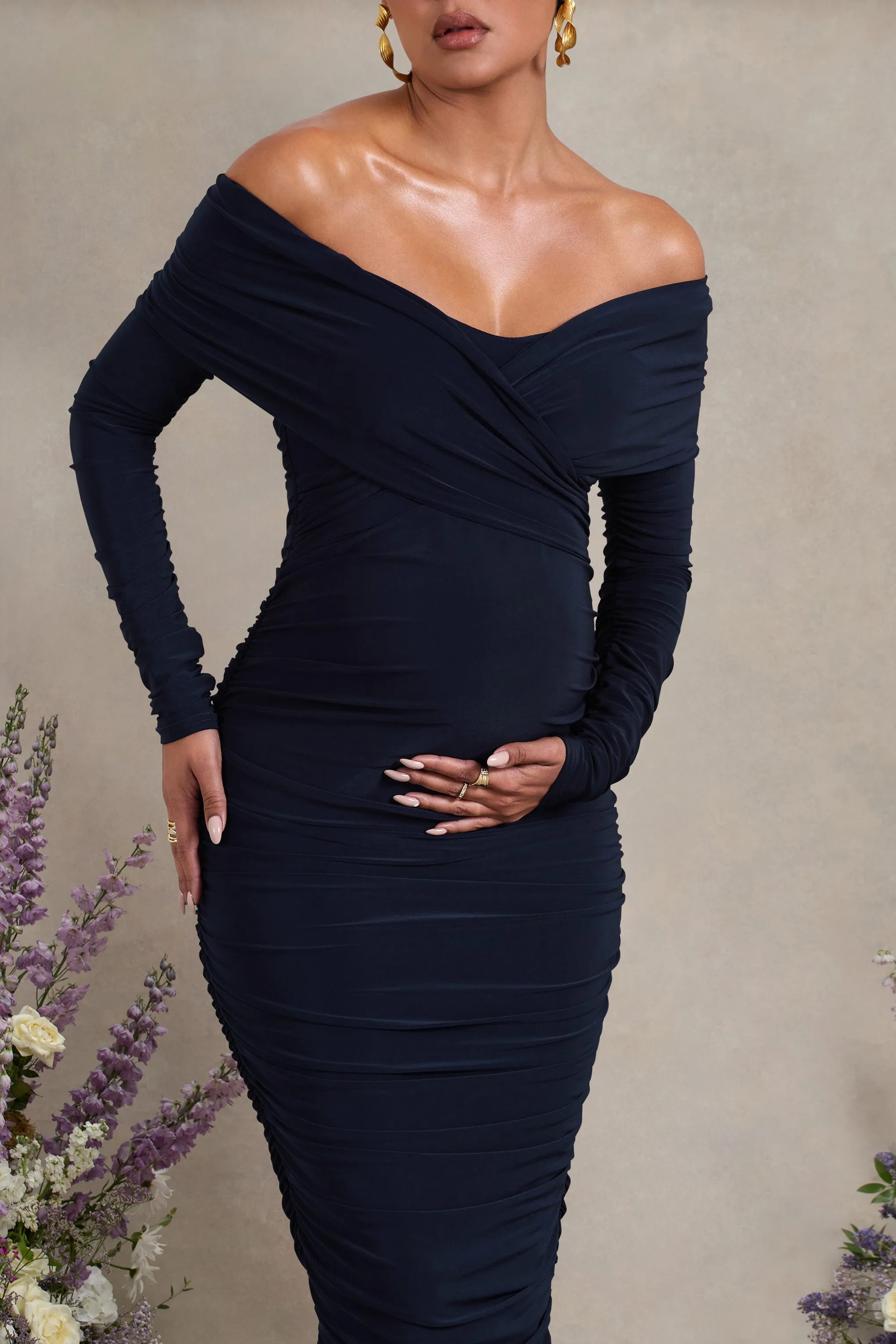 Davina | Navy Ruched Twist Bardot Long-Sleeve Maternity Midi Dress sold by Club L London product image thumbnail 3
