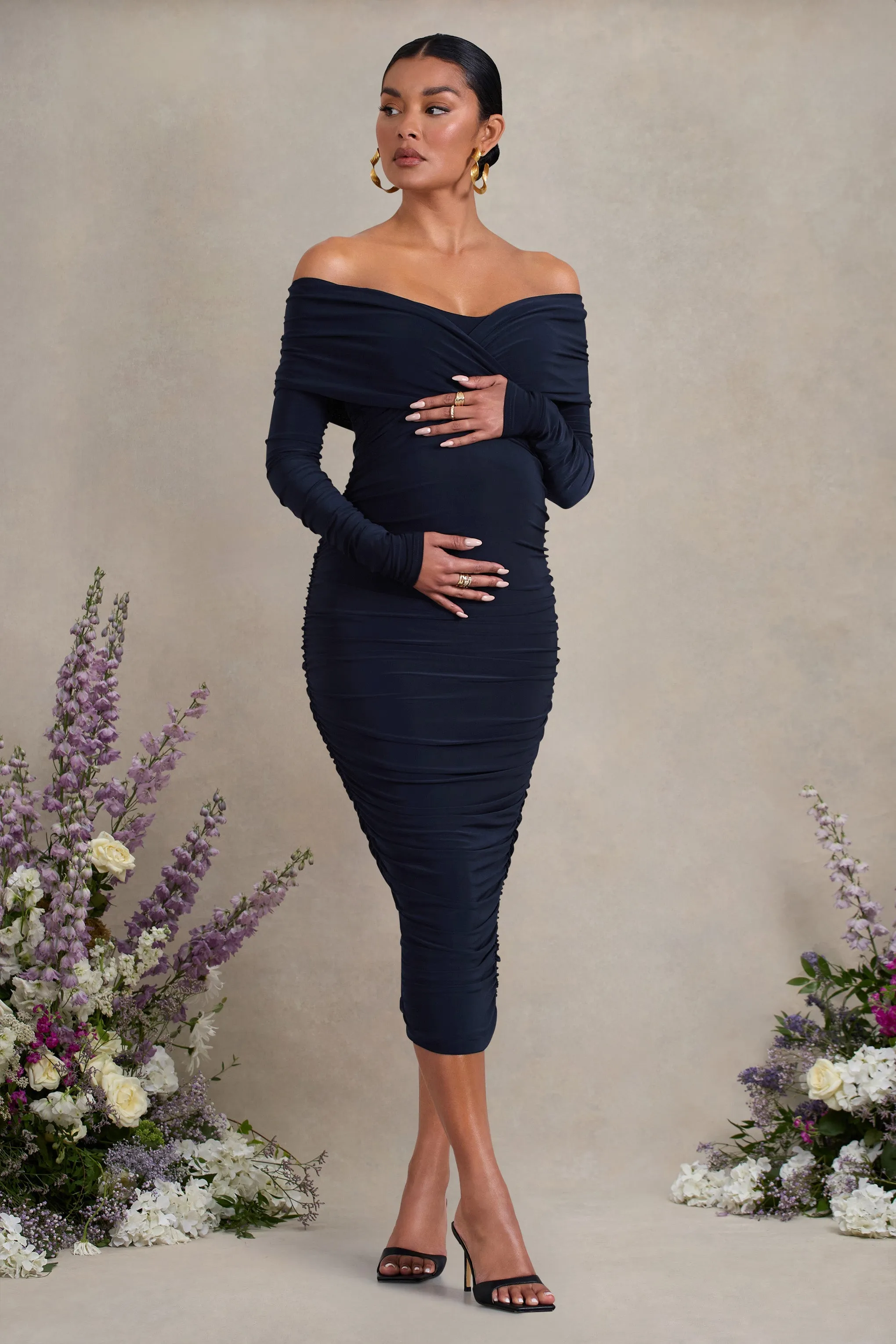 Davina | Navy Ruched Twist Bardot Long-Sleeve Maternity Midi Dress sold by Club L London product image thumbnail 4