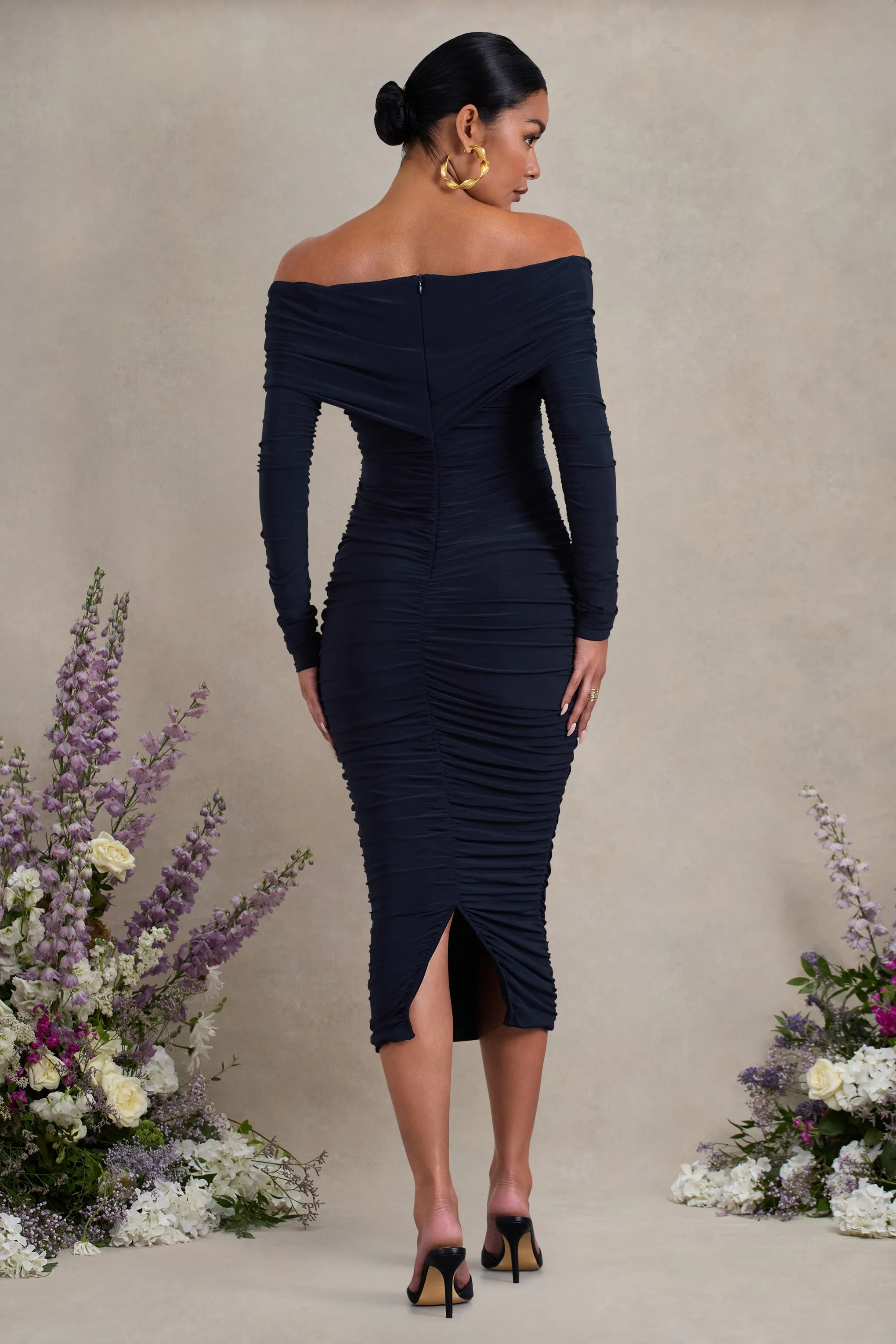 Davina | Navy Ruched Twist Bardot Long-Sleeve Maternity Midi Dress sold by Club L London product image thumbnail 2