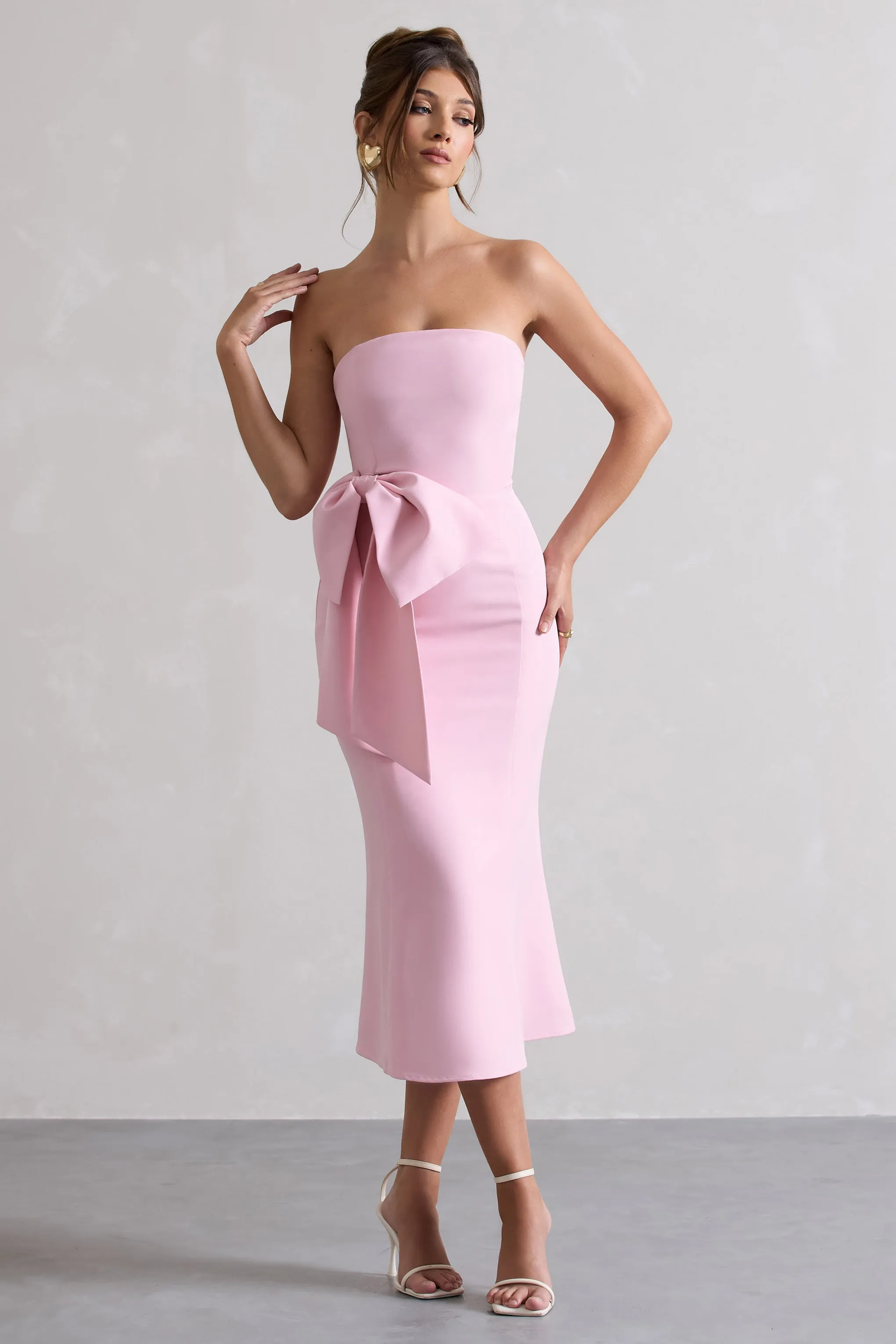 To Me | Pink Bandeau Midi Dress With Oversized Bow sold by Club L London