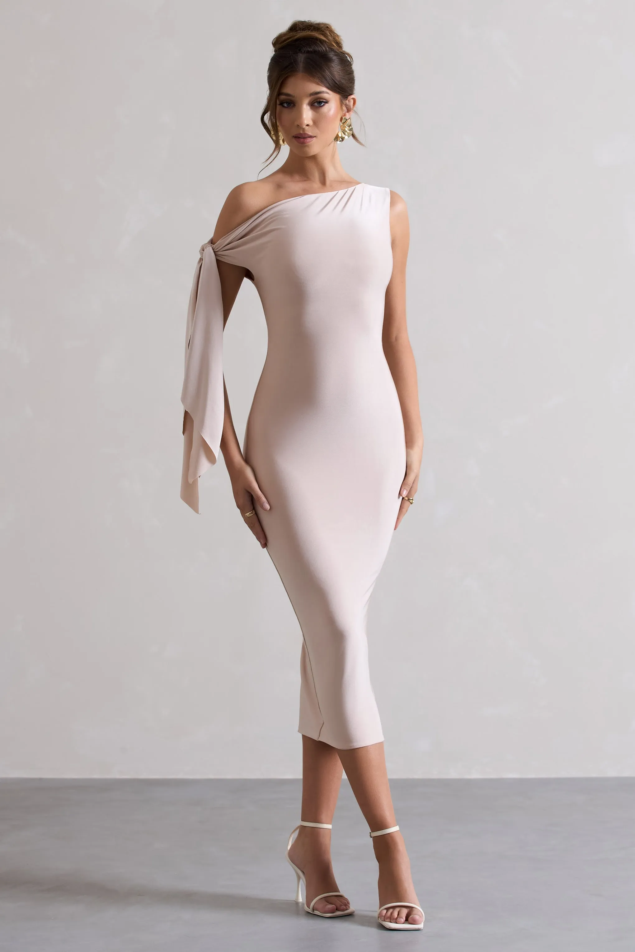 Adapt | Champagne Asymmetric Midi Dress With Tie Sleeve sold by Club L London product image thumbnail 4