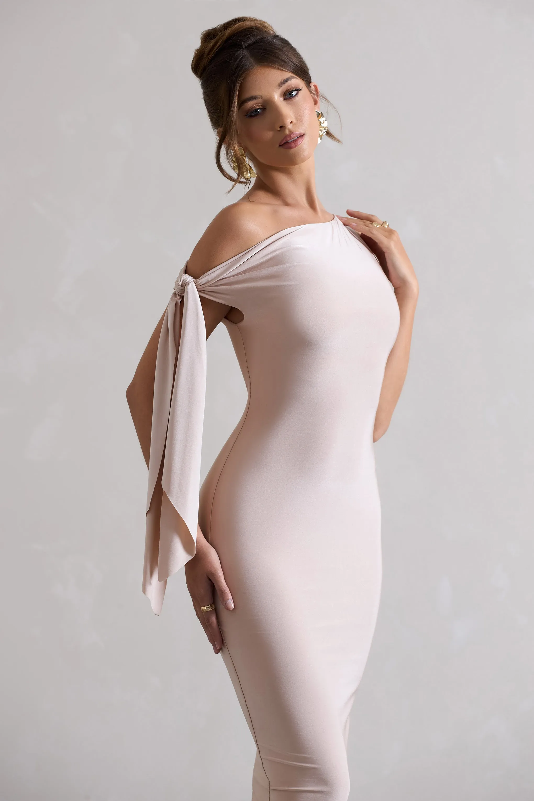 Adapt | Champagne Asymmetric Midi Dress With Tie Sleeve sold by Club L London product image thumbnail 3