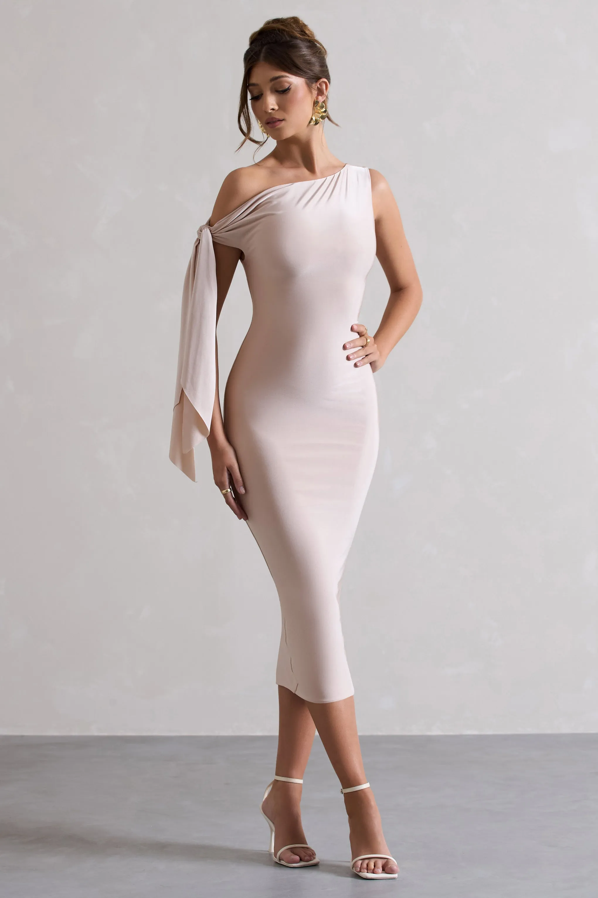 Adapt | Champagne Asymmetric Midi Dress With Tie Sleeve sold by Club L London